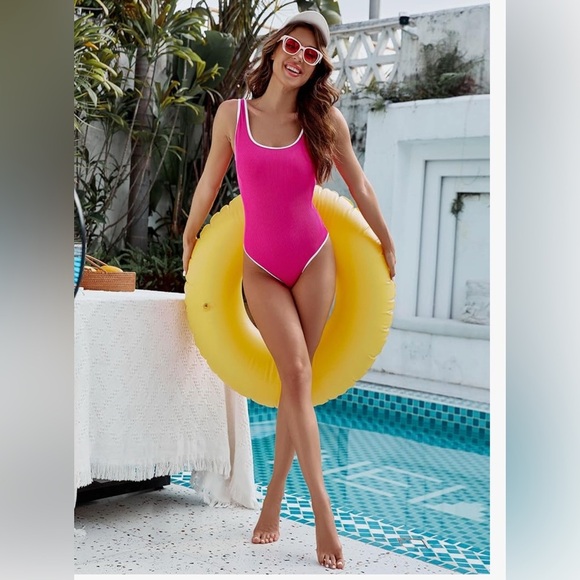 Ribbed Vibrant Pink Swimsuit one piece, white trim, elegant classic NWT-XXL - Picture 2 of 9